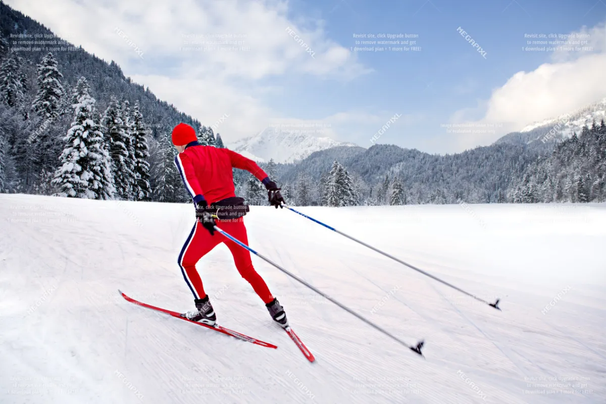 A cross-country skier glides across a snow-covered landscape framed by evergreen trees, highlighting the exhilarating experience of winter sports in the local mountains.