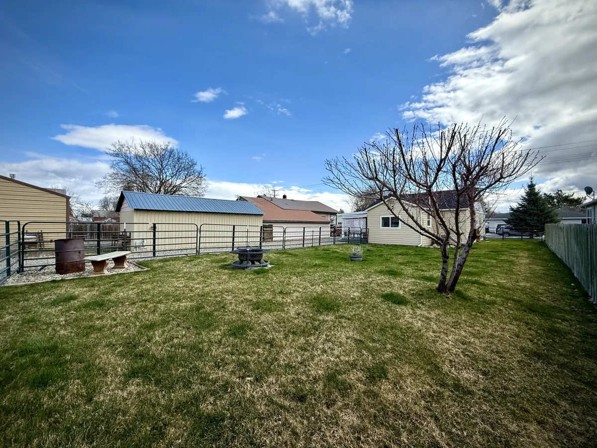 A tranquil backyard scene featuring green grass, a bare tree, a fire pit, a fenced area, and a shed. The spacious yard offers a perfect setting for picnics, outdoor games, and gathering around the firepit.